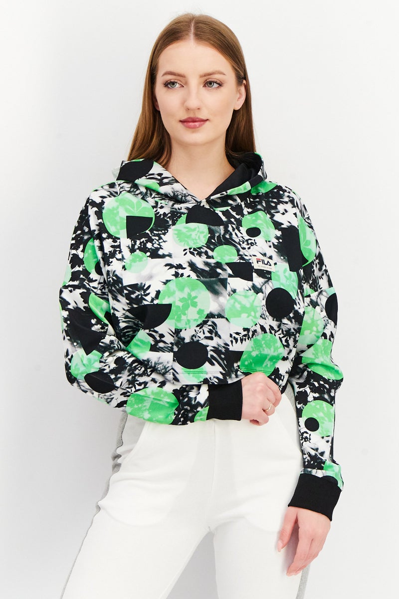 FILA سويت شيرت رياضي نسائي بغطاء رأس بتصميم تجريدي، مجموعة أخضر - Image 1