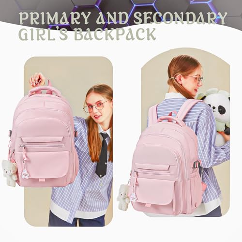PRLINJSK Girls Backpack for College High Middle School Student Cute Aesthetic Bookbag for Teens Women with AccessoriesPink - Image 3