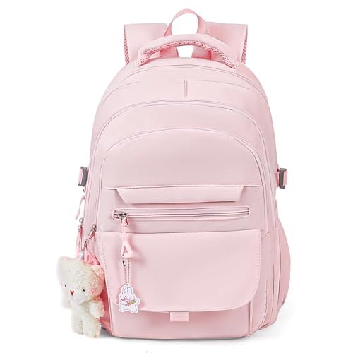 PRLINJSK Girls Backpack for College High Middle School Student Cute Aesthetic Bookbag for Teens Women with AccessoriesPink - Image 1