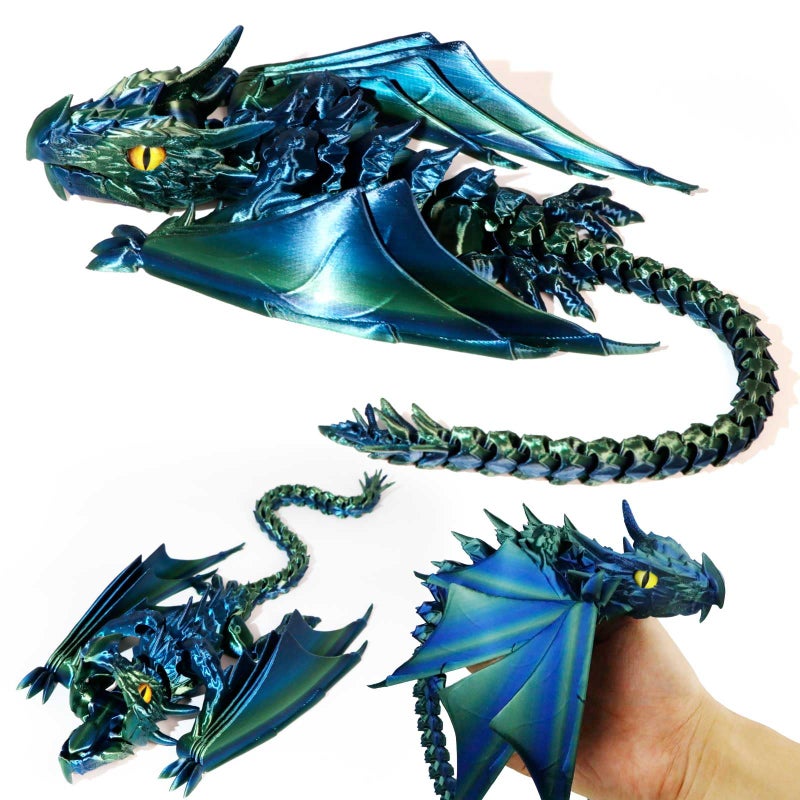 LehuoMaker 3D Printed Dragon with Wings, Fidget Dragon Toys, 3D Printed Animals, Flexible Articulated Winged Crystal Dragon Model,Home Office Decor Desktop Pet(Gradation Blue Green) - Image 1