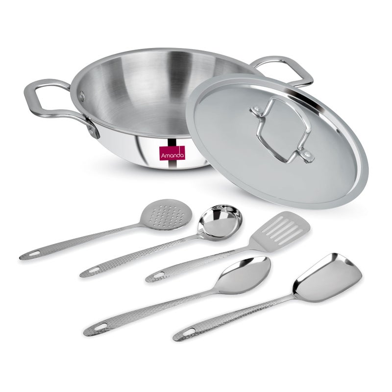 Amanda Triply Stainless Steel Kadai with Lid & 5-Piece Serving Spoon Set | Induction & Gas Compatible | Durable, Rust-Resistant, Easy to Clean | Healthy Cooking, Dining Essentials (24cm - 3.1L) - Image 1