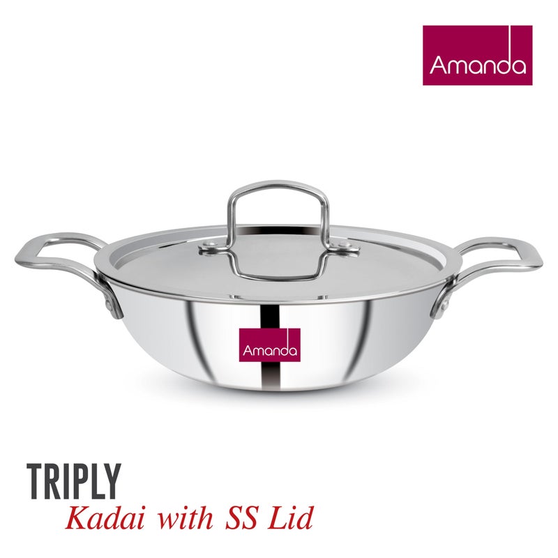 Amanda Triply Stainless Steel Kadai with Lid & 5-Piece Serving Spoon Set | Induction & Gas Compatible | Durable, Rust-Resistant, Easy to Clean | Healthy Cooking, Dining Essentials (24cm - 3.1L) - Image 5