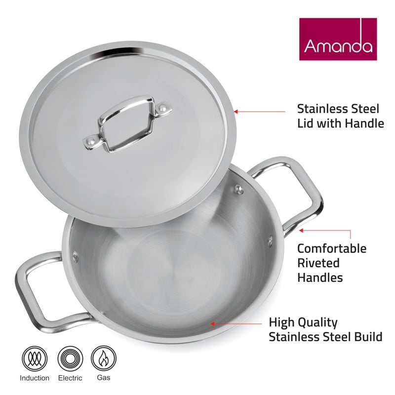 Amanda Triply Stainless Steel Kadai with Lid & 5-Piece Serving Spoon Set | Induction & Gas Compatible | Durable, Rust-Resistant, Easy to Clean | Healthy Cooking, Dining Essentials (24cm - 3.1L) - Image 3