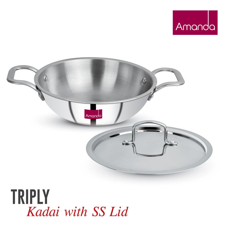 Amanda Triply Stainless Steel Kadai with Lid & 5-Piece Serving Spoon Set | Induction & Gas Compatible | Durable, Rust-Resistant, Easy to Clean | Healthy Cooking, Dining Essentials (24cm - 3.1L) - Image 4