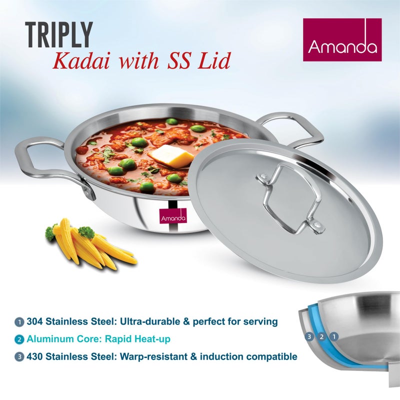 Amanda Triply Stainless Steel Kadai with Lid & 5-Piece Serving Spoon Set | Induction & Gas Compatible | Durable, Rust-Resistant, Easy to Clean | Healthy Cooking, Dining Essentials (24cm - 3.1L) - Image 2