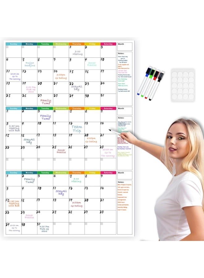 تقويم جداري قابل للمسح الجاف مقاس 24 × 36 بوصة، تقويم غير مؤرخ لمدة 3 أشهر، قابل لإعادة الاستخدام كلوح أبيض للمسح الجاف، تقويم تخطيط شهري عمودي قابل للمحو مناسب للتخطيط في المنزل أو المكتب أو المدرسة. - Image 1