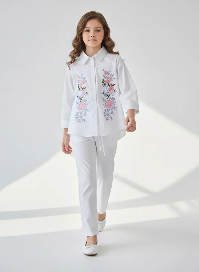 بيلا مودا Girls White Floral Embroidered Shirt And Trousers Set