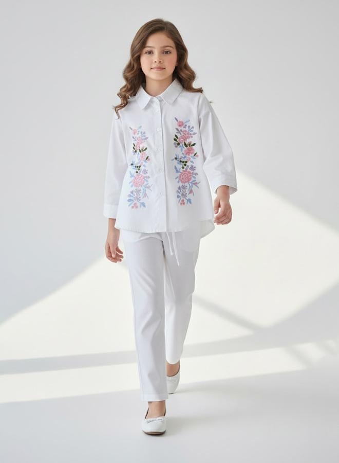BELLA MODA Girls White Floral Embroidered Shirt And Trousers Set - Image 1