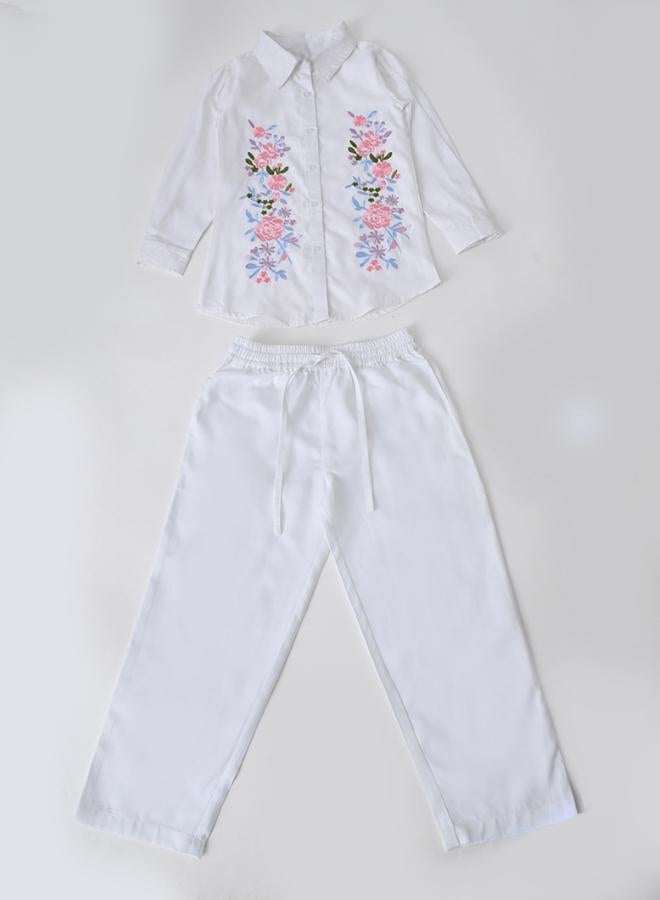 BELLA MODA Girls White Floral Embroidered Shirt And Trousers Set - Image 2