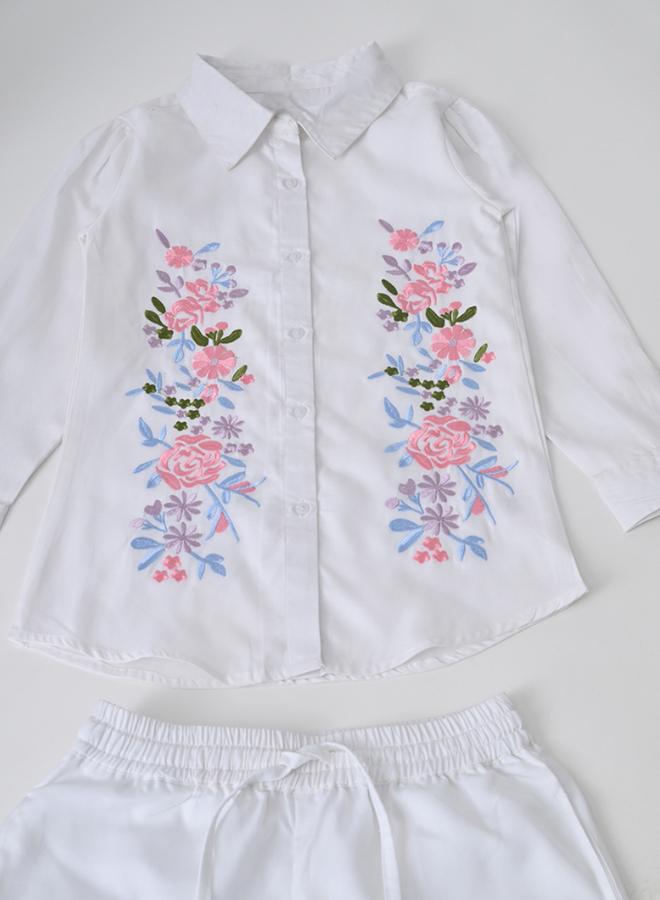 BELLA MODA Girls White Floral Embroidered Shirt And Trousers Set - Image 3