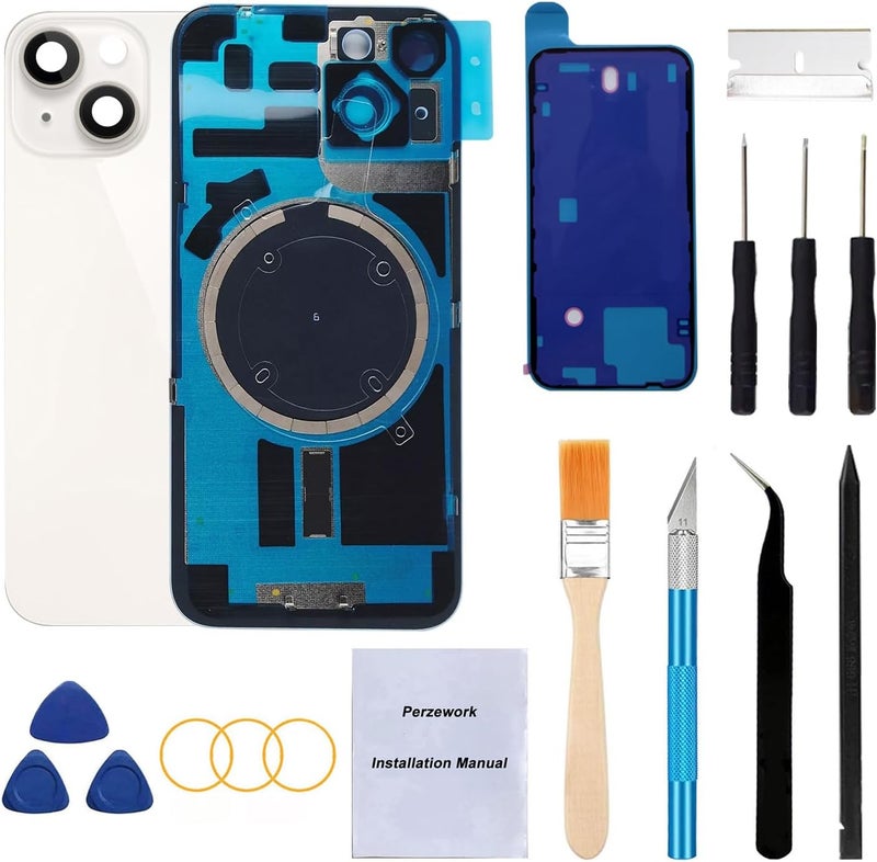 Perzework Rear Back Glass Replacement for iPhone 14 6.1-inches with + Pre-Installed Plate and Camera Frame and Lens + Reparing Tool Kit (Starlight White) - Image 1