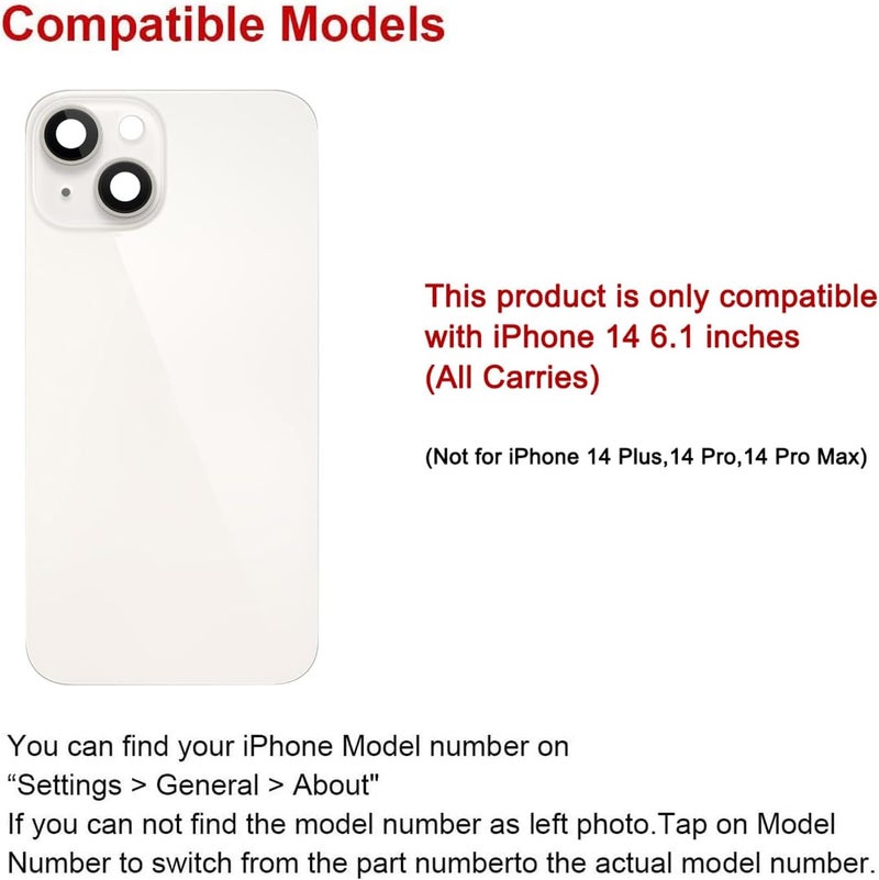Perzework Rear Back Glass Replacement for iPhone 14 6.1-inches with + Pre-Installed Plate and Camera Frame and Lens + Reparing Tool Kit (Starlight White) - Image 2