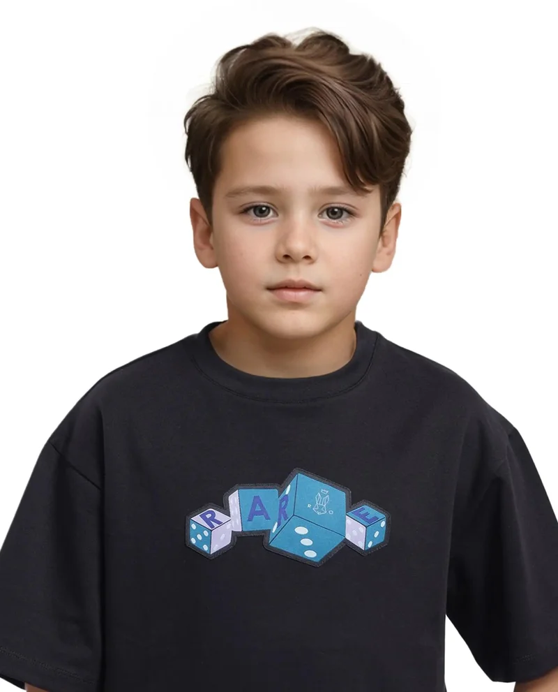 Rare Ones Rare Ones Kids Dice Black Cotton Half Sleeves Crew Neck Boxy Fit Applique Print T-Shirt