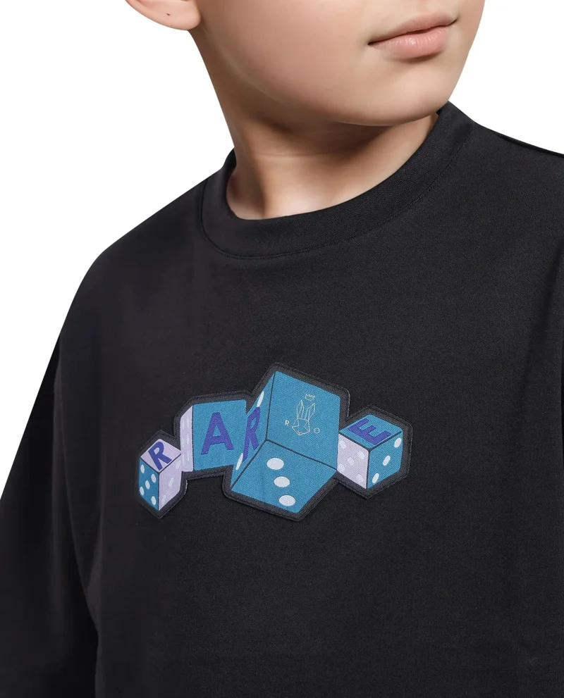 Rare Ones Rare Ones Kids Dice Black Cotton Half Sleeves Crew Neck Boxy Fit Applique Print T-Shirt