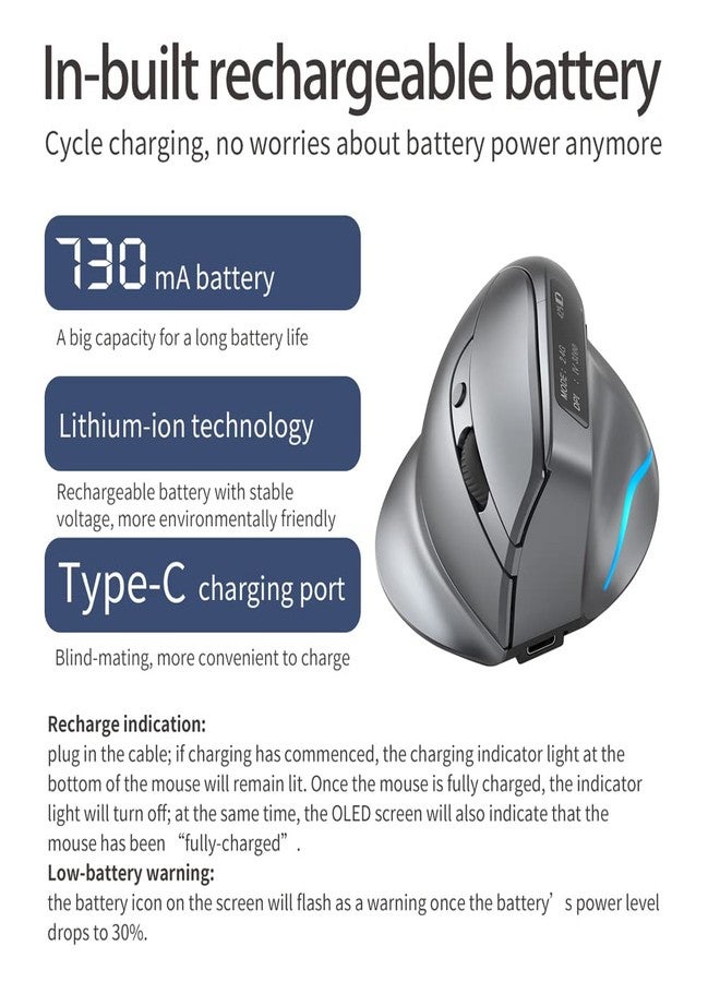 ZELOTES ماوس زيلوتس بلوتوث لاسلكي مع شاشة، قابل لإعادة الشحن، 3200DPI، BT 5.0/3.0 و 2.4G، 7 أزرار، LED، ماوس بصري عمودي مريح USB للابتوب، الكمبيوتر، الأجهزة اللوحية، أسود - Image 5