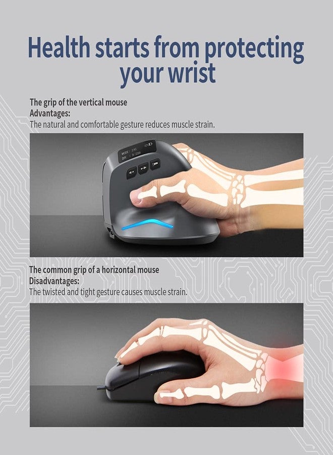 ZELOTES ماوس زيلوتس بلوتوث لاسلكي مع شاشة، قابل لإعادة الشحن، 3200DPI، BT 5.0/3.0 و 2.4G، 7 أزرار، LED، ماوس بصري عمودي مريح USB للابتوب، الكمبيوتر، الأجهزة اللوحية، أسود - Image 4