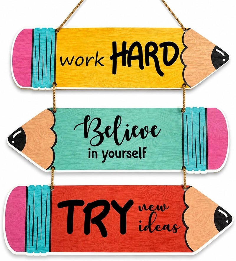 Al Raied ARS 3-Piece Pencil Wooden Hanging Sign Set - Motivational Classroom Wall Decor - Image 1