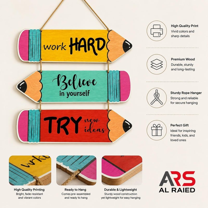 Al Raied ARS 3-Piece Pencil Wooden Hanging Sign Set - Motivational Classroom Wall Decor - Image 3