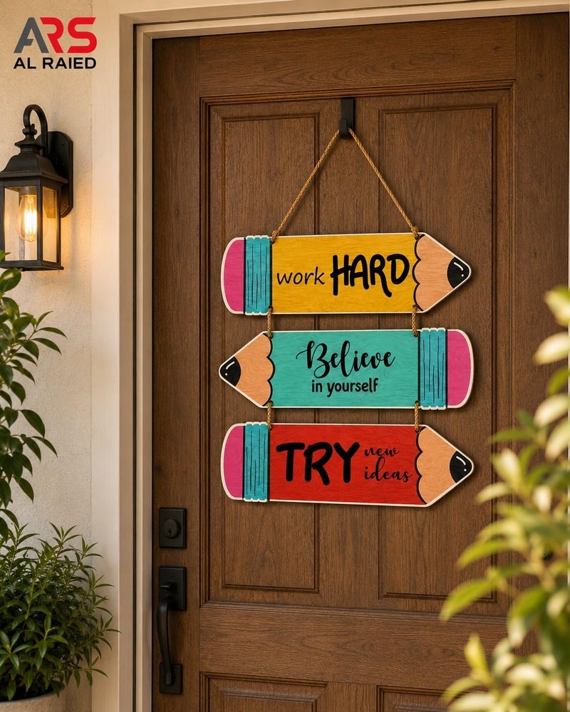 Al Raied ARS 3-Piece Pencil Wooden Hanging Sign Set - Motivational Classroom Wall Decor - Image 2