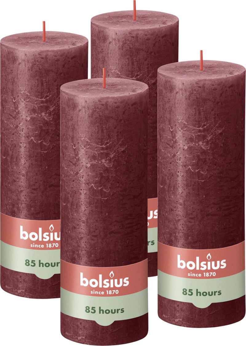 Bolsius Rustic Pillar Candle  Dark Red  Pack of 4  Long Burning Time of 85 Hours  Household Candle  Interior Decoration  Unscented  Natural Vegan Wax  No Palm Oil  19 x 7 cm