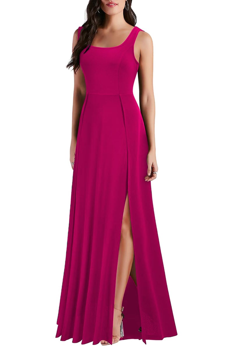 MUSHARE Women's Square Neck Sexy Split Cocktail Party Maxi Long Formal Dress Magenta - Image 3