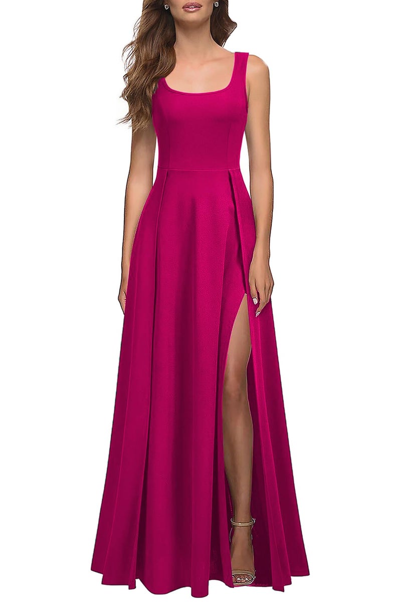 MUSHARE Women's Square Neck Sexy Split Cocktail Party Maxi Long Formal Dress Magenta - Image 1