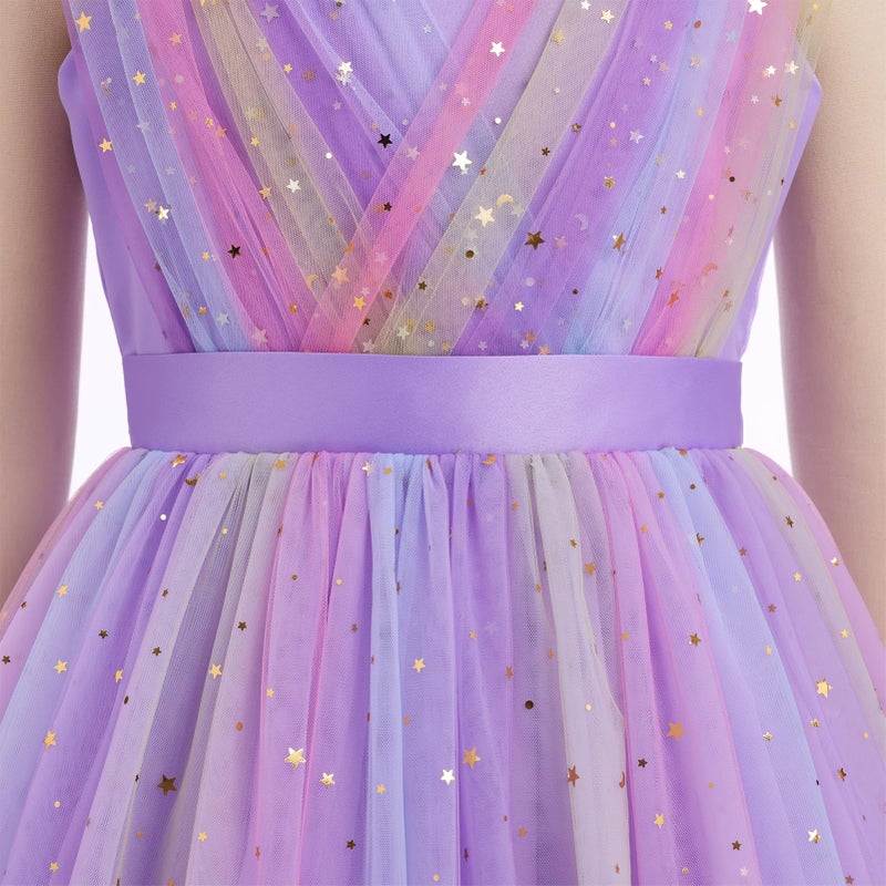 ODOLDI Kids Girls Wedding Flower Girl Dress Rainbow Sparkly Tulle Formal Prom Ball Dress Rainbow Purple 3-4 T - Image 4