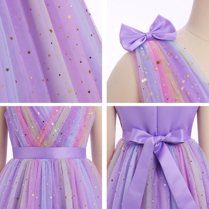 ODOLDI Kids Girls Wedding Flower Girl Dress Rainbow Sparkly Tulle Formal Prom Ball Dress Rainbow Purple 3-4 T - Image 5