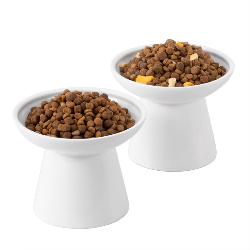 CEEFU Extra Wide Elevated Ceramic Cat Bowl, 6.2" Shallow Dish for Whisker Fatigue Relief, 5" Height for Easy Feeding, Durable Raised Cat Food Bowls, Pack of 2, White - Image 1