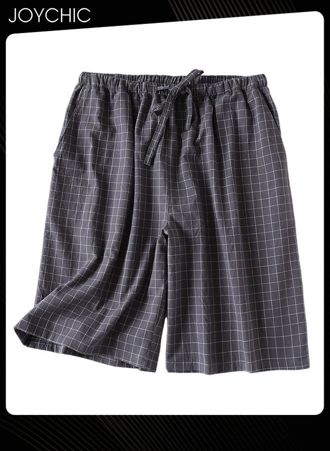 NIBEMINENT Japanese Style Plaid Pajama Bottom Men's Summer Pure Cotton Sweat-absorbent Loose Double-layer Gauze Home Pants Dark Grey  - Image 1