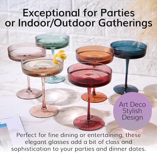 The Wine Savant Colored Vintage Art Deco Coupe Glasses - Martini, Cocktail & Champagne Ribbed Glasses 7oz | Set of 6 | Cute Pastel Muted Crystal Cocktail Glassware, Goblet Cocktails, Stemmed Ripple Glassware Gift Box - Image 2
