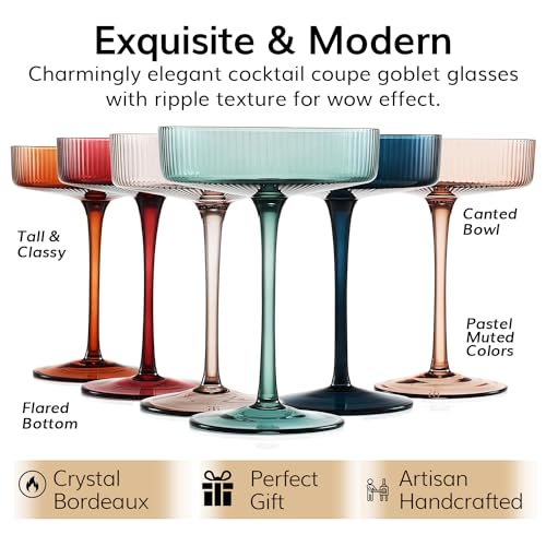 The Wine Savant Colored Vintage Art Deco Coupe Glasses - Martini, Cocktail & Champagne Ribbed Glasses 7oz | Set of 6 | Cute Pastel Muted Crystal Cocktail Glassware, Goblet Cocktails, Stemmed Ripple Glassware Gift Box - Image 3