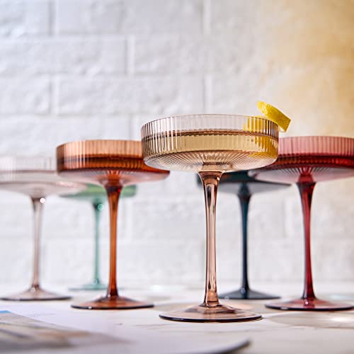 The Wine Savant Colored Vintage Art Deco Coupe Glasses - Martini, Cocktail & Champagne Ribbed Glasses 7oz | Set of 6 | Cute Pastel Muted Crystal Cocktail Glassware, Goblet Cocktails, Stemmed Ripple Glassware Gift Box - Image 5