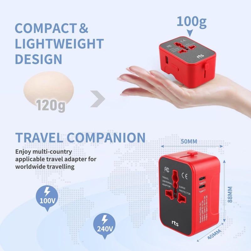 rts 2 Type C 1 USB Plug Universal Travel Adapter Suitable For 200 Countries International All in One Worldwide Travel Power Plug Adapter and Wall Charger For USA EU UK AUS Europe Cell Phone Laptop - Image 3