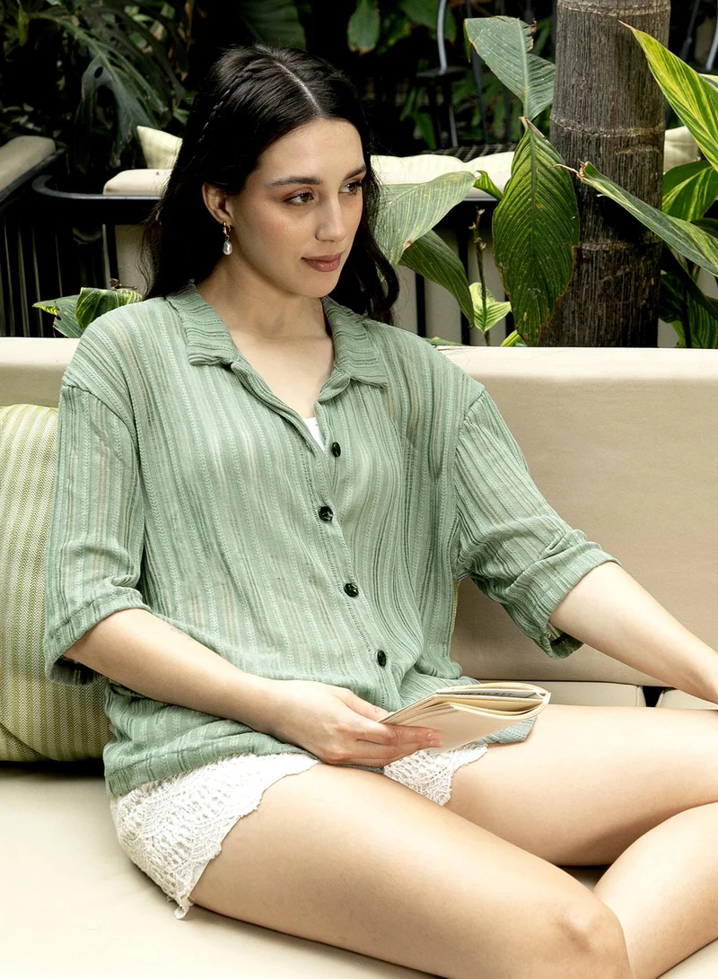 بينيا كولادا قميص نسائي واسع بياقة كوبية وأكمام قصيرة من نسيج مضلع، أخضر فستقي