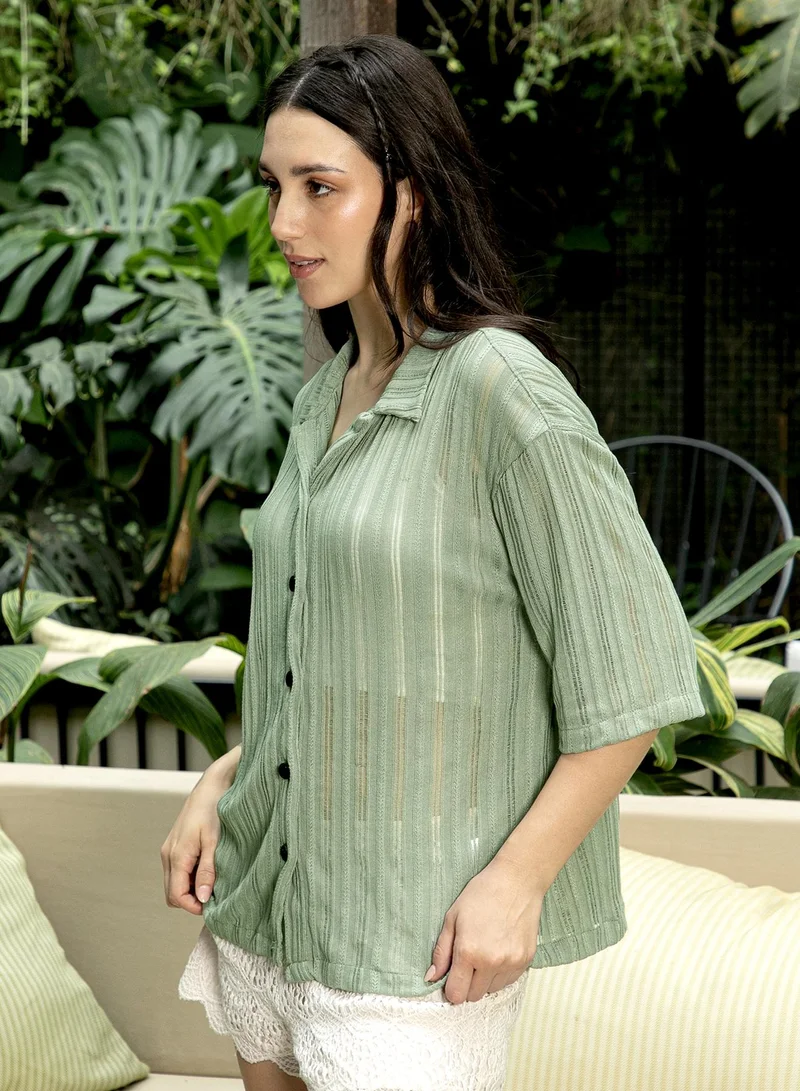 PINACOLADA  Women's Pistachio Green Ridge-Knit Resort Oversized Shirt | نساء | أكمام قصيرة | سادة | طوق كوبي | كاجوال كبير الحجم | قميص for Women | Best Price UAE