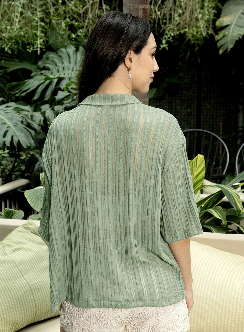 PINACOLADA  Women's Pistachio Green Ridge-Knit Resort Oversized Shirt | نساء | أكمام قصيرة | سادة | طوق كوبي | كاجوال كبير الحجم | قميص for Women | Best Price UAE