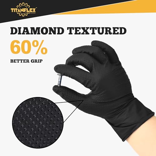 TitanFlex Heavy Duty Black Nitrile Gloves, Large, 6 Mil with Raised Diamond Texture, Industrial Work Gloves Disposable Latex Free, Powder Free, Mechanic Disposable Gloves (Box of 100) - Image 3