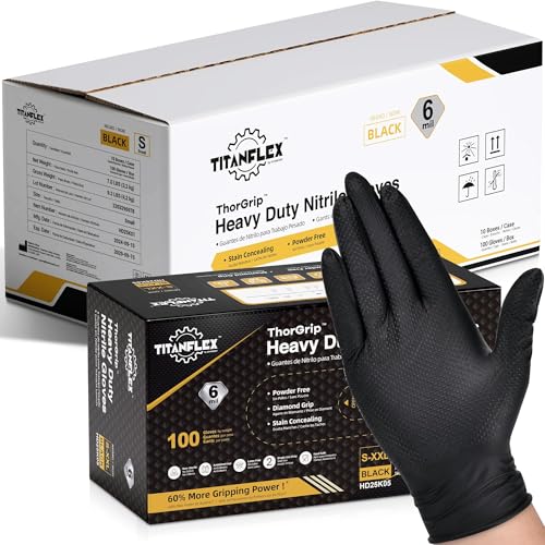 TitanFlex Heavy Duty Black Nitrile Gloves, Large, 6 Mil with Raised Diamond Texture, Industrial Work Gloves Disposable Latex Free, Powder Free, Mechanic Disposable Gloves (Box of 100) - Image 1