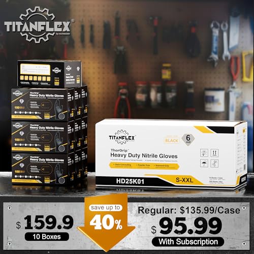 TitanFlex Heavy Duty Black Nitrile Gloves, Large, 6 Mil with Raised Diamond Texture, Industrial Work Gloves Disposable Latex Free, Powder Free, Mechanic Disposable Gloves (Box of 100) - Image 2