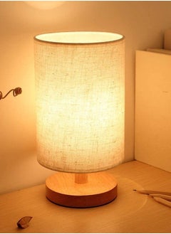 XiuWoo Desk Lamp USB Table Lamp Bedside Wooden Lamp Modern Nightstand Light Night Lamp with Round Fabric Lampshade for Home Bedroom Living Room Office  - Image 1