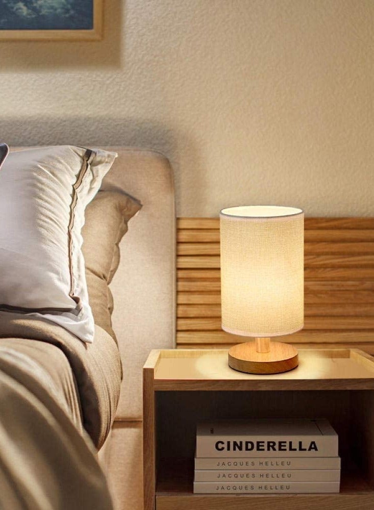 مصباح طاولة خشبي يعمل بمنفذ USB (مصباح بجانب السرير)، إضاءة عصرية للطاولة الجانبية مزودة بغطاء قماشي مستدير، مصباح مكتبي صغير لغرف النوم، وغرف المعيشة، والمكاتب، وغرف الدراسة. - view 2