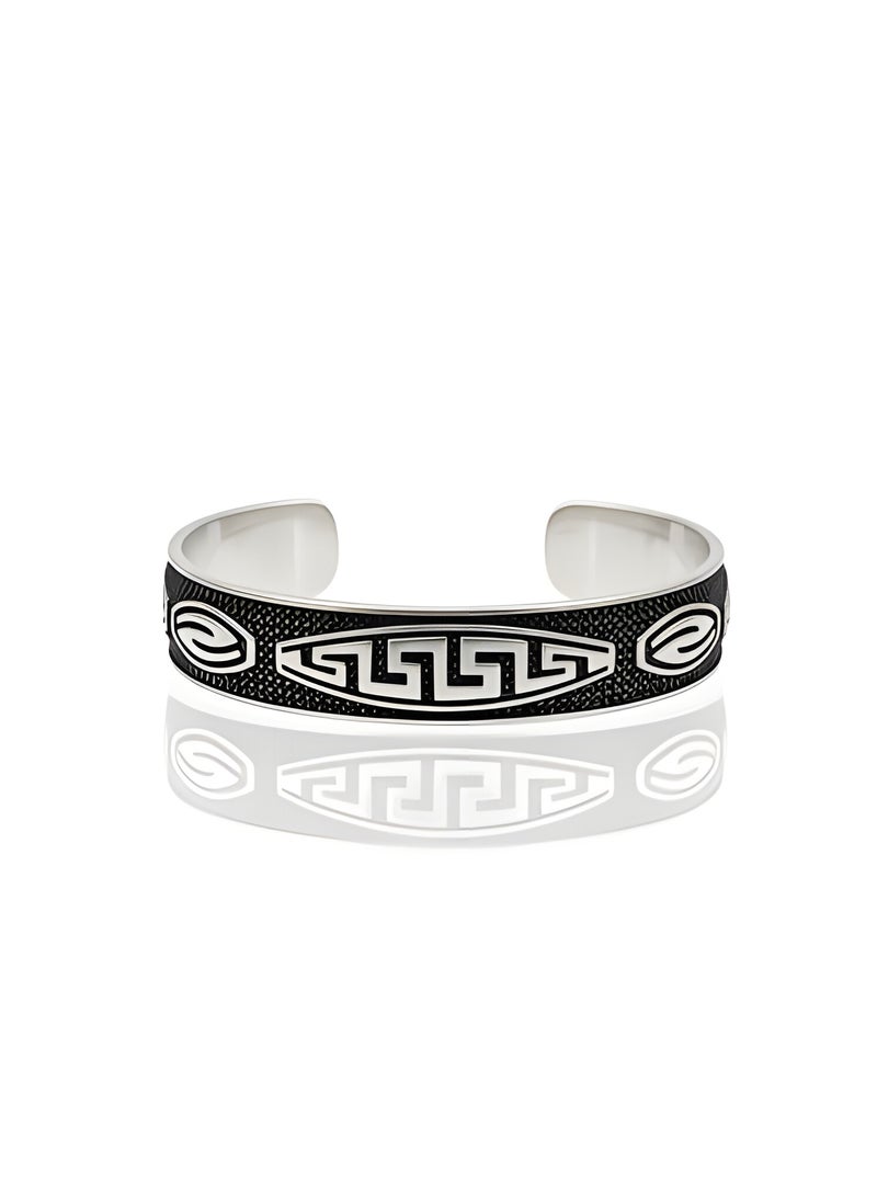 FINE SILVER 925 Sterling Silver Men's Cuff Bracelet with Ancient Greek Key Meander Design and Oxidized Finish - Image 1