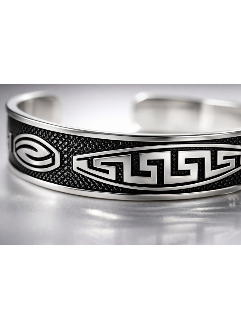 FINE SILVER 925 Sterling Silver Men's Cuff Bracelet with Ancient Greek Key Meander Design and Oxidized Finish - Image 3
