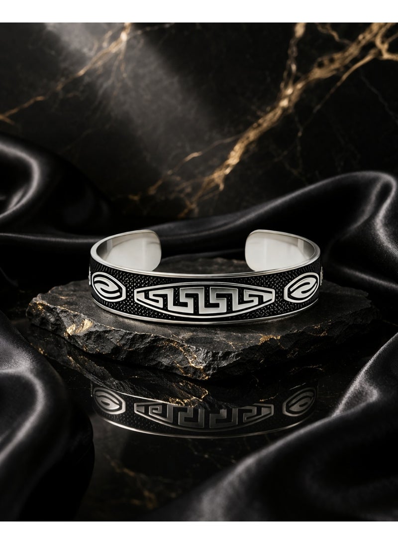 FINE SILVER 925 Sterling Silver Men's Cuff Bracelet with Ancient Greek Key Meander Design and Oxidized Finish - Image 4