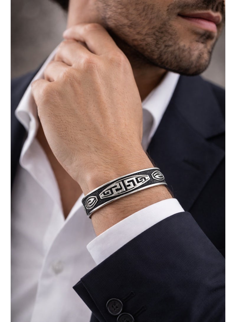 FINE SILVER 925 Sterling Silver Men's Cuff Bracelet with Ancient Greek Key Meander Design and Oxidized Finish - Image 2