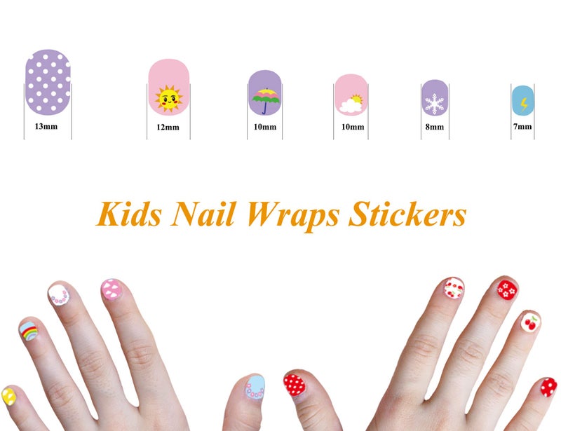 IHUKEIT Kids Nail Stickers Full Nail Wraps Self Adhesive Nail Polish Strips for Kids Girls Nail Art Decoration Fun Including Fruits Rainbows Stars Hearts Clouds Recommend for Age 8 and Older (Pack of 10) - Image 2