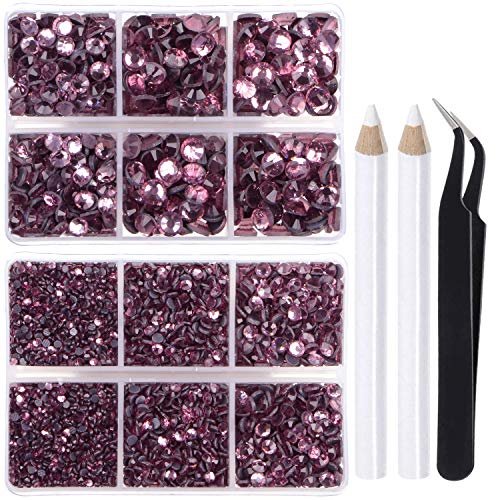 LPBeads 6400 Pieces Hotfix Rhinestones Lt Amethyst Flat Back 5 Mixed Sizes Crystal Round Glass Gems with Tweezers and Picking Rhinestones Pen - Image 1