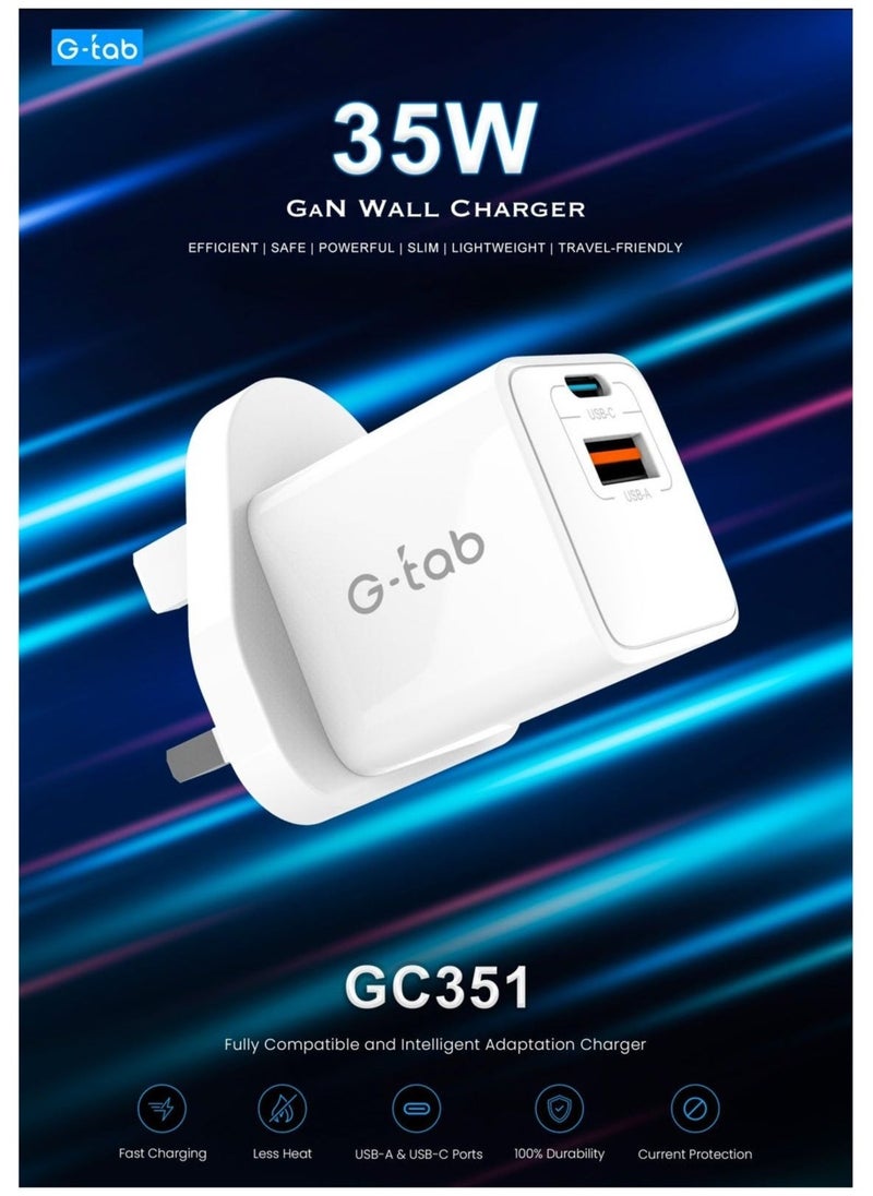 G-Tab GC351 35W GaN Fast Charging Wall Charger with Dual USB-C & USB-A Ports – High-Efficiency Charger for Mobiles, Tablets, Earbuds, and More – Compact, Travel-Friendly, and Powerful  - Image 3