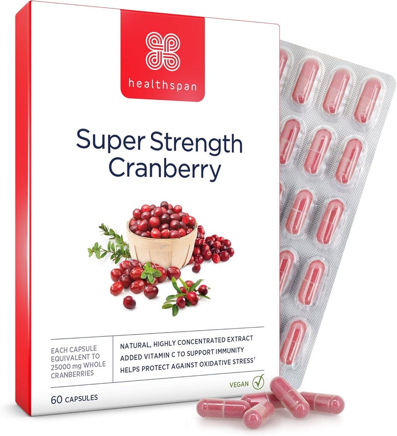 Healthspan Super Strength Cranberry 60 Capsules for Immune Health and Wellbeing Equivalent to 25000 mg Whole Fresh Cranberries Highly Concentrated Formulation Added Vitamin C Vegan - Image 1